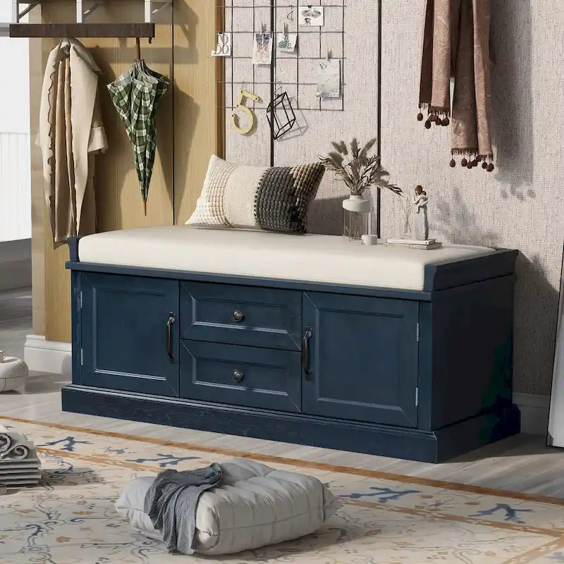 Storage Bench with 2 Drawers, 2 Cabinets and Removable Cushion - 42.5L x 15.9W x 17.5H