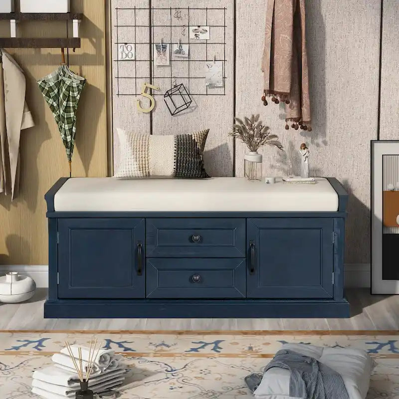 Storage Bench with 2 Drawers, 2 Cabinets and Removable Cushion - 42.5L x 15.9W x 17.5H