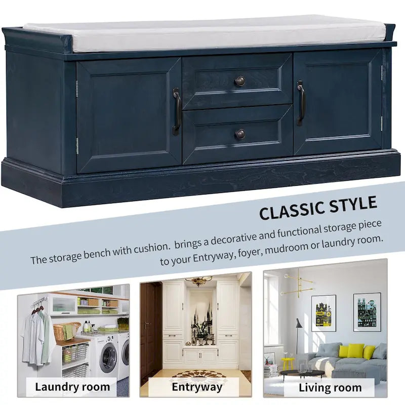 Storage Bench with 2 Drawers, 2 Cabinets and Removable Cushion - 42.5L x 15.9W x 17.5H
