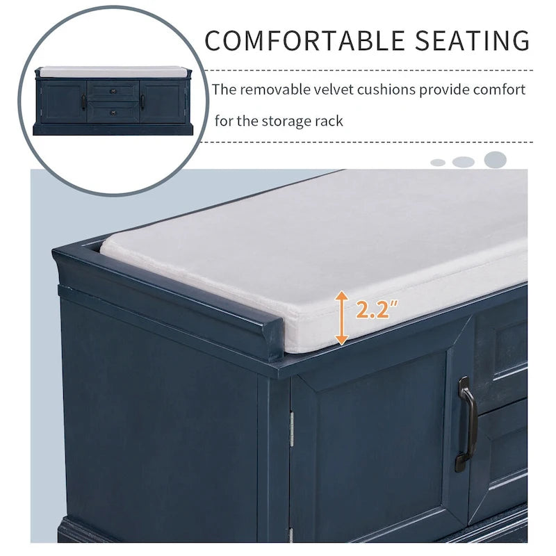 Storage Bench with 2 Drawers, 2 Cabinets and Removable Cushion - 42.5L x 15.9W x 17.5H