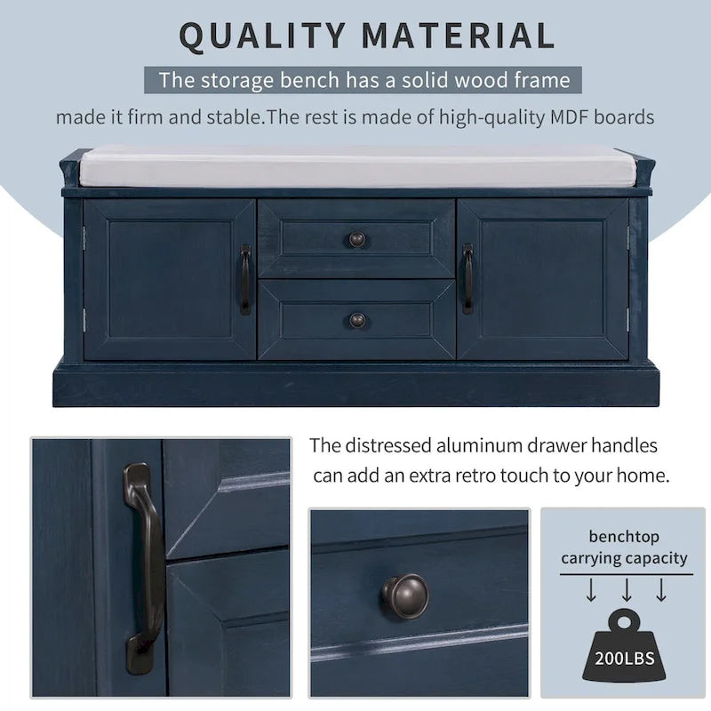 Storage Bench with 2 Drawers, 2 Cabinets and Removable Cushion - 42.5L x 15.9W x 17.5H