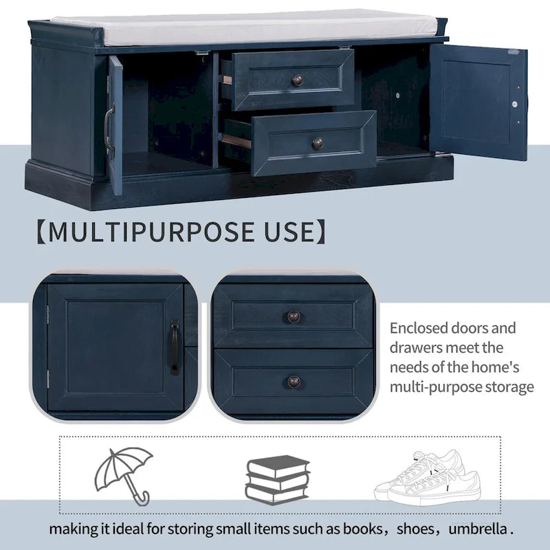 Storage Bench with 2 Drawers, 2 Cabinets and Removable Cushion - 42.5L x 15.9W x 17.5H