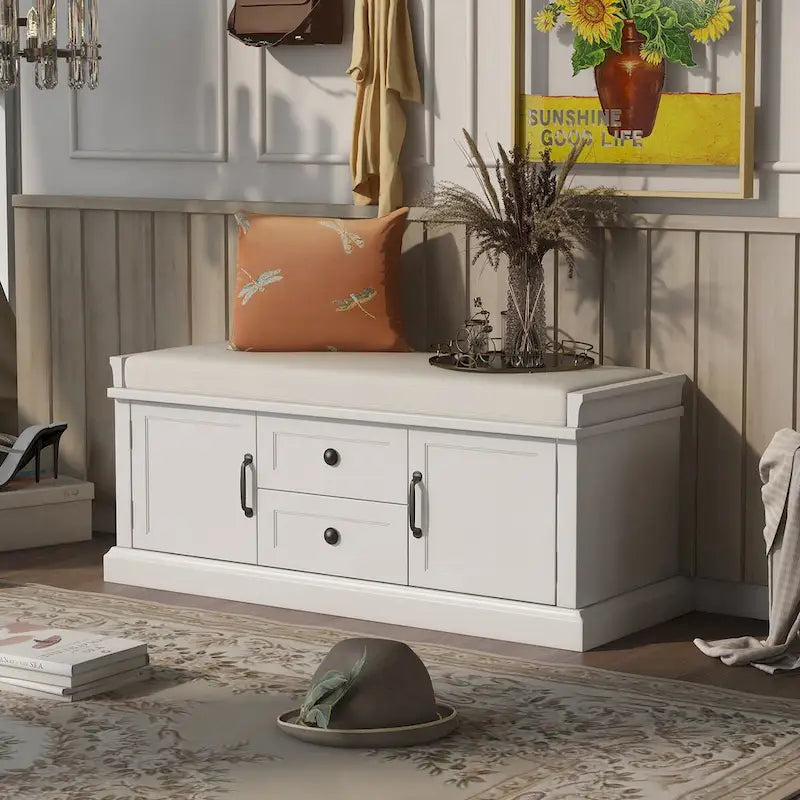 Storage Bench with 2 Drawers, 2 Cabinets and Removable Cushion - 42.5L x 15.9W x 17.5H