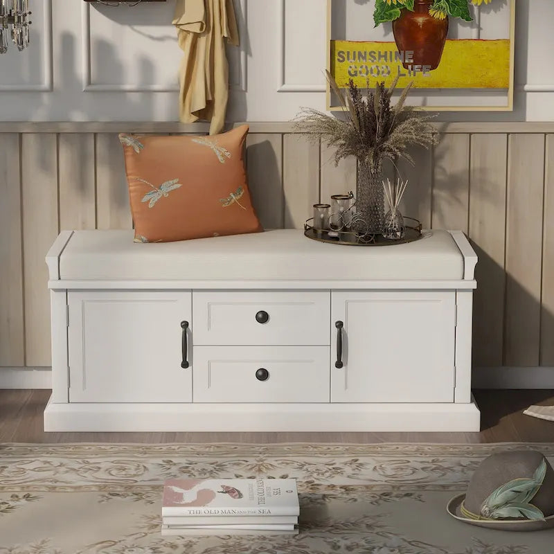 Storage Bench with 2 Drawers, 2 Cabinets and Removable Cushion - 42.5L x 15.9W x 17.5H