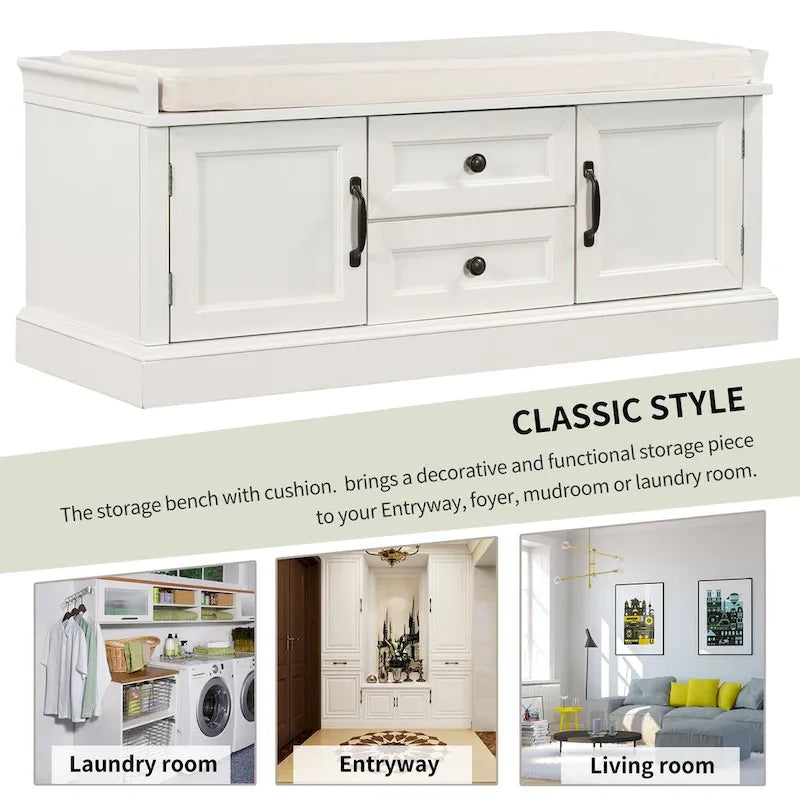 Storage Bench with 2 Drawers, 2 Cabinets and Removable Cushion - 42.5L x 15.9W x 17.5H