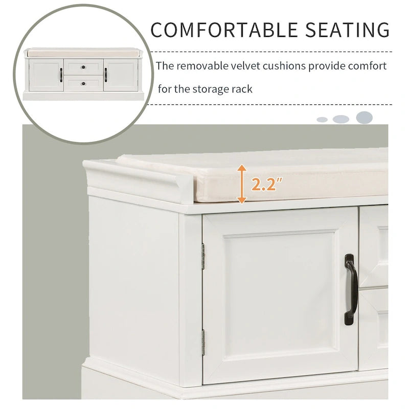 Storage Bench with 2 Drawers, 2 Cabinets and Removable Cushion - 42.5L x 15.9W x 17.5H