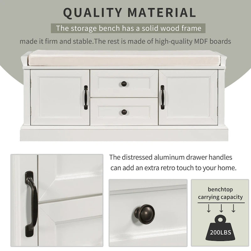 Storage Bench with 2 Drawers, 2 Cabinets and Removable Cushion - 42.5L x 15.9W x 17.5H
