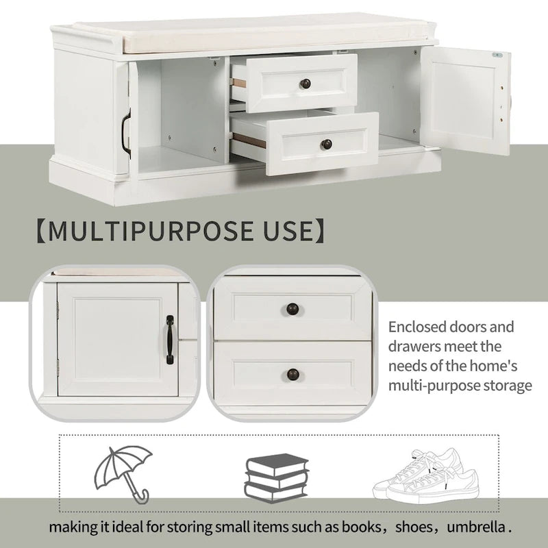 Storage Bench with 2 Drawers, 2 Cabinets and Removable Cushion - 42.5L x 15.9W x 17.5H