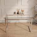 Modern Minimalist Rectangular Glass Dining Table for 4-6 with 0.31 Tempered Glass Tabletop and Silver Chrome Metal Legs