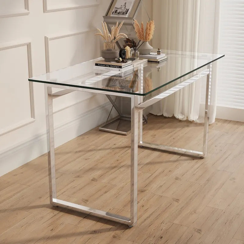 Modern Minimalist Rectangular Glass Dining Table for 4-6 with 0.31 Tempered Glass Tabletop and Silver Chrome Metal Legs
