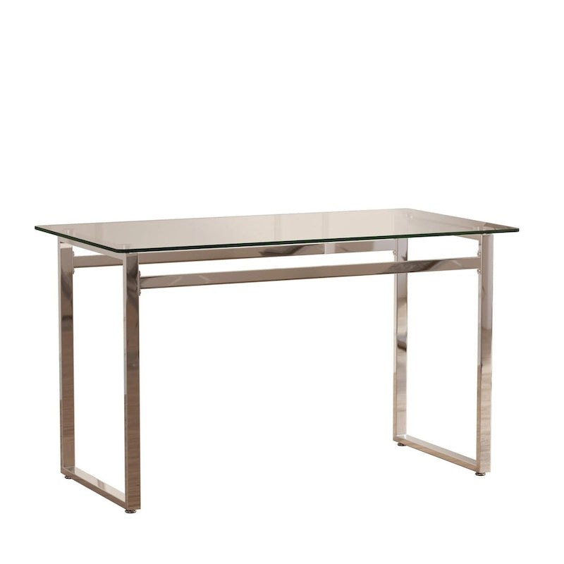 Modern Minimalist Rectangular Glass Dining Table for 4-6 with 0.31 Tempered Glass Tabletop and Silver Chrome Metal Legs